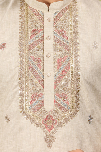 Zarvan – Antique Ivory Yoke Embroidered Cotton Linen Kurta