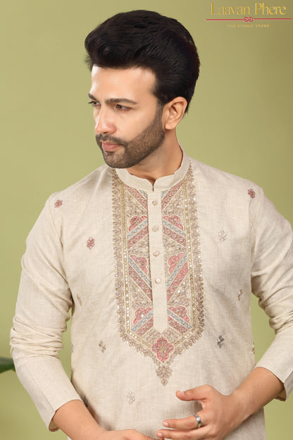 Zarvan – Antique Ivory Yoke Embroidered Cotton Linen Kurta