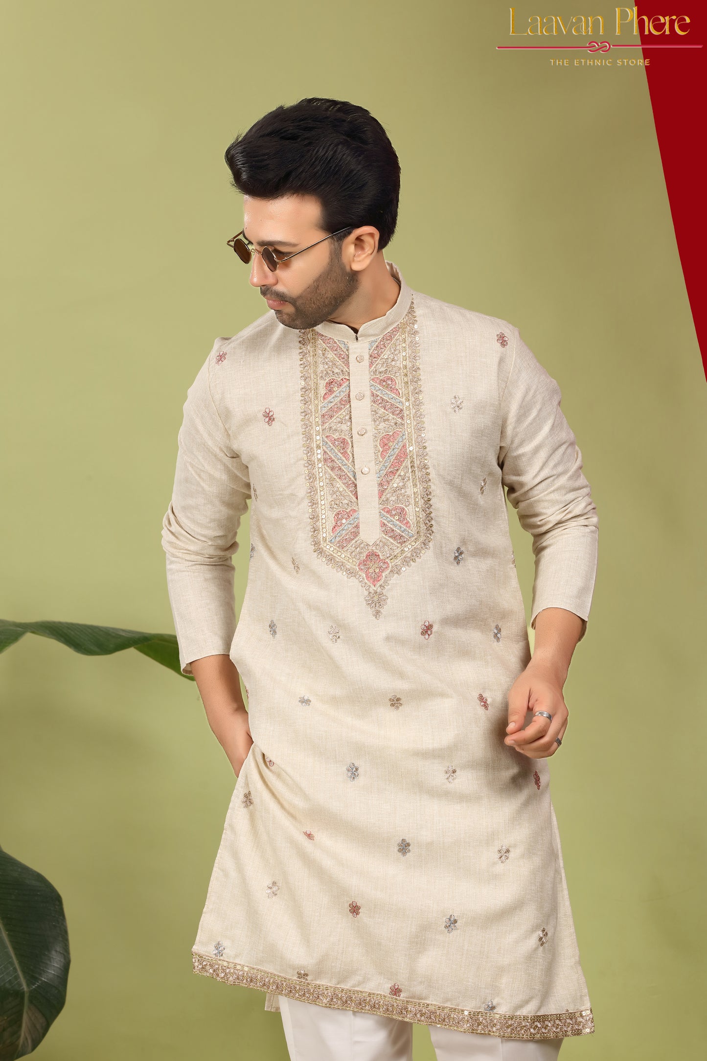 Zarvan – Antique Ivory Yoke Embroidered Cotton Linen Kurta