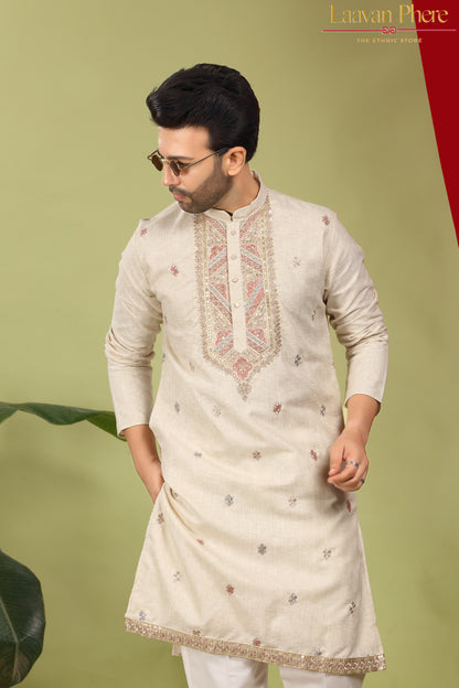 Zarvan – Antique Ivory Yoke Embroidered Cotton Linen Kurta