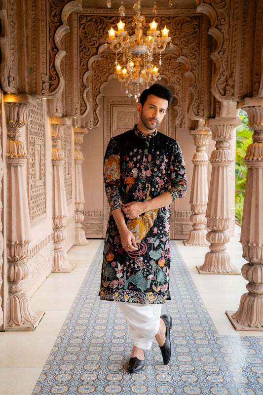 Arindam- Noir Majesty Embroidered Kurta with Patiala